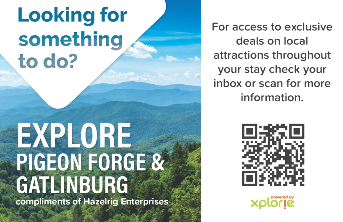 A scenic view of lush mountain ranges, blue sky, and green trees, with a text overlay referencing deals and activities in Pigeon Forge and Gatlinburg. The image evokes a sense of adventure and discovery, inviting guests to explore nearby attractions.
